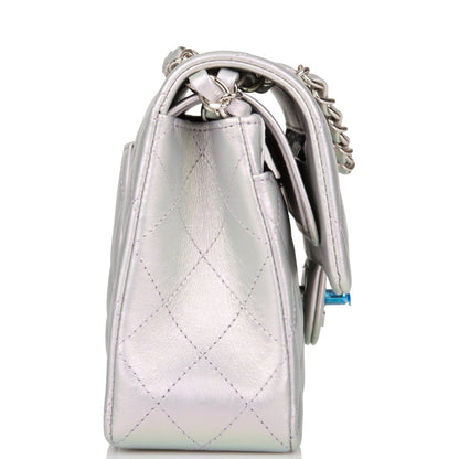 Chanel Small Classic Double Flap Bag Purple Iridescent Lambskin Silver Hardware