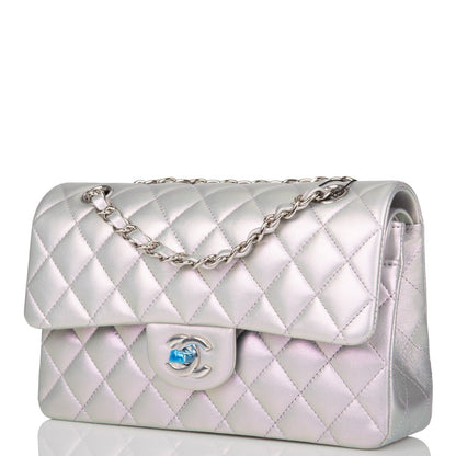 Chanel Small Classic Double Flap Bag Purple Iridescent Lambskin Silver Hardware