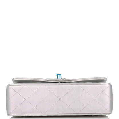 Chanel Small Classic Double Flap Bag Purple Iridescent Lambskin Silver Hardware