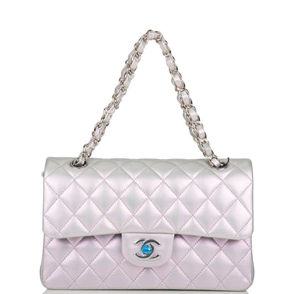 Chanel Small Classic Double Flap Bag Purple Iridescent Lambskin Silver Hardware