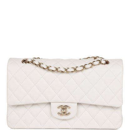 Chanel Medium Classic Double Flap Bag White Quilted Caviar Light Gold Hardware