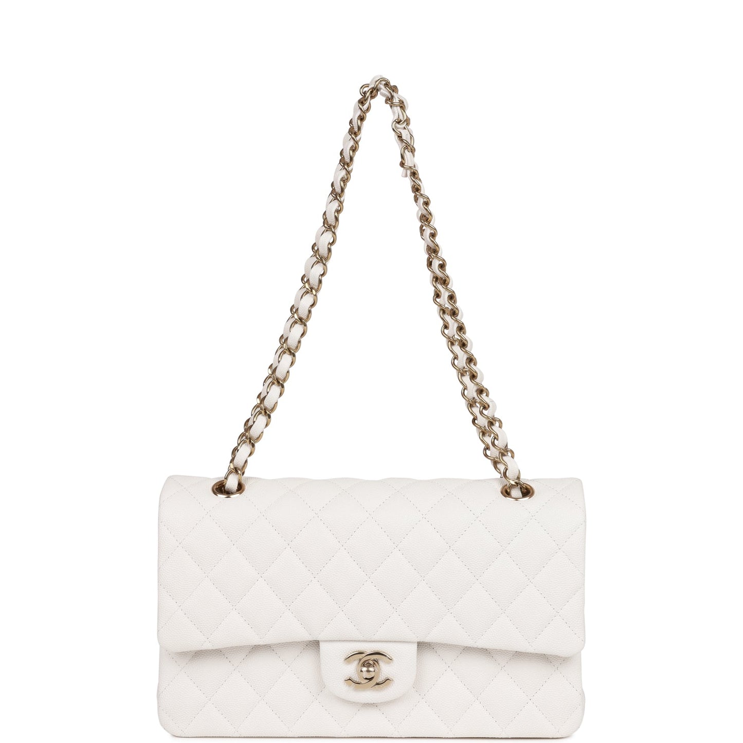 Chanel Medium Classic Double Flap Bag White Quilted Caviar Light Gold Hardware
