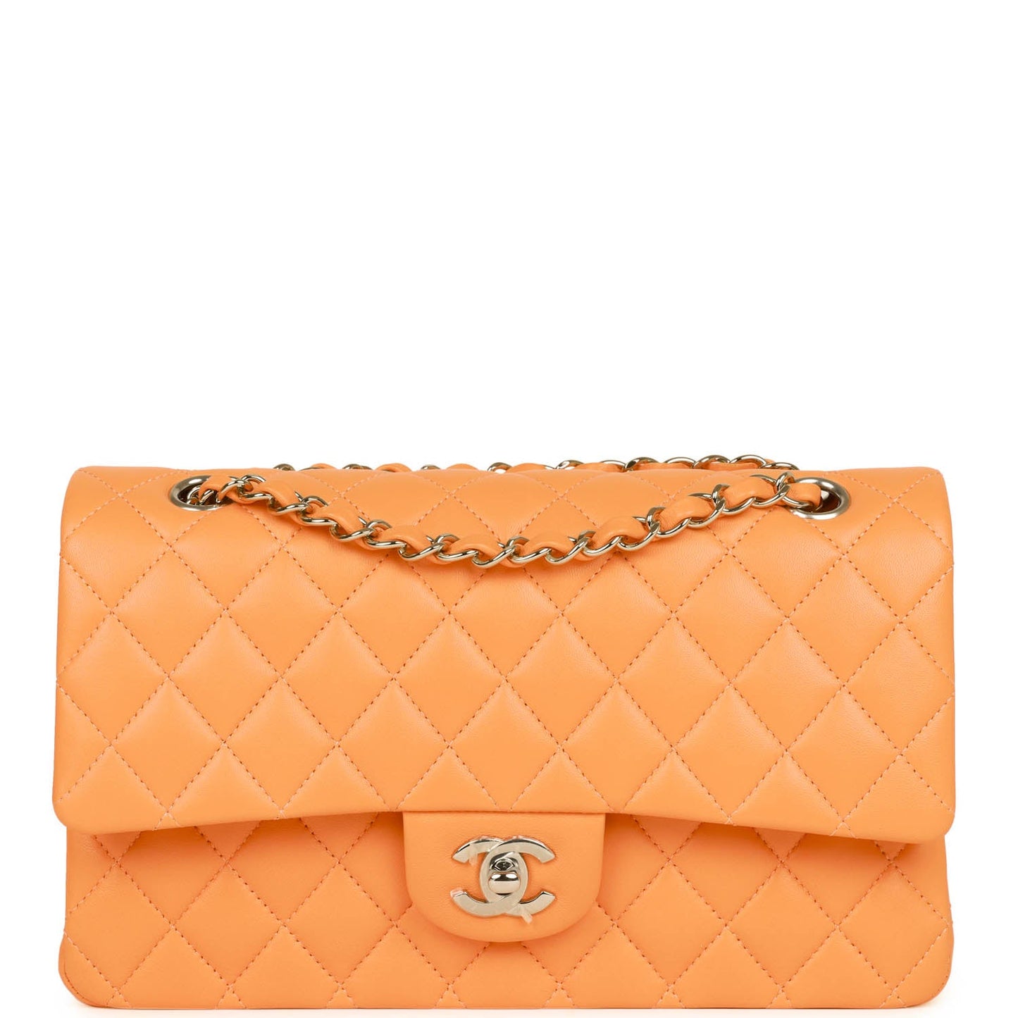 Chanel Medium Classic Double Flap Bag Neon Orange Lambskin Silver Hardware