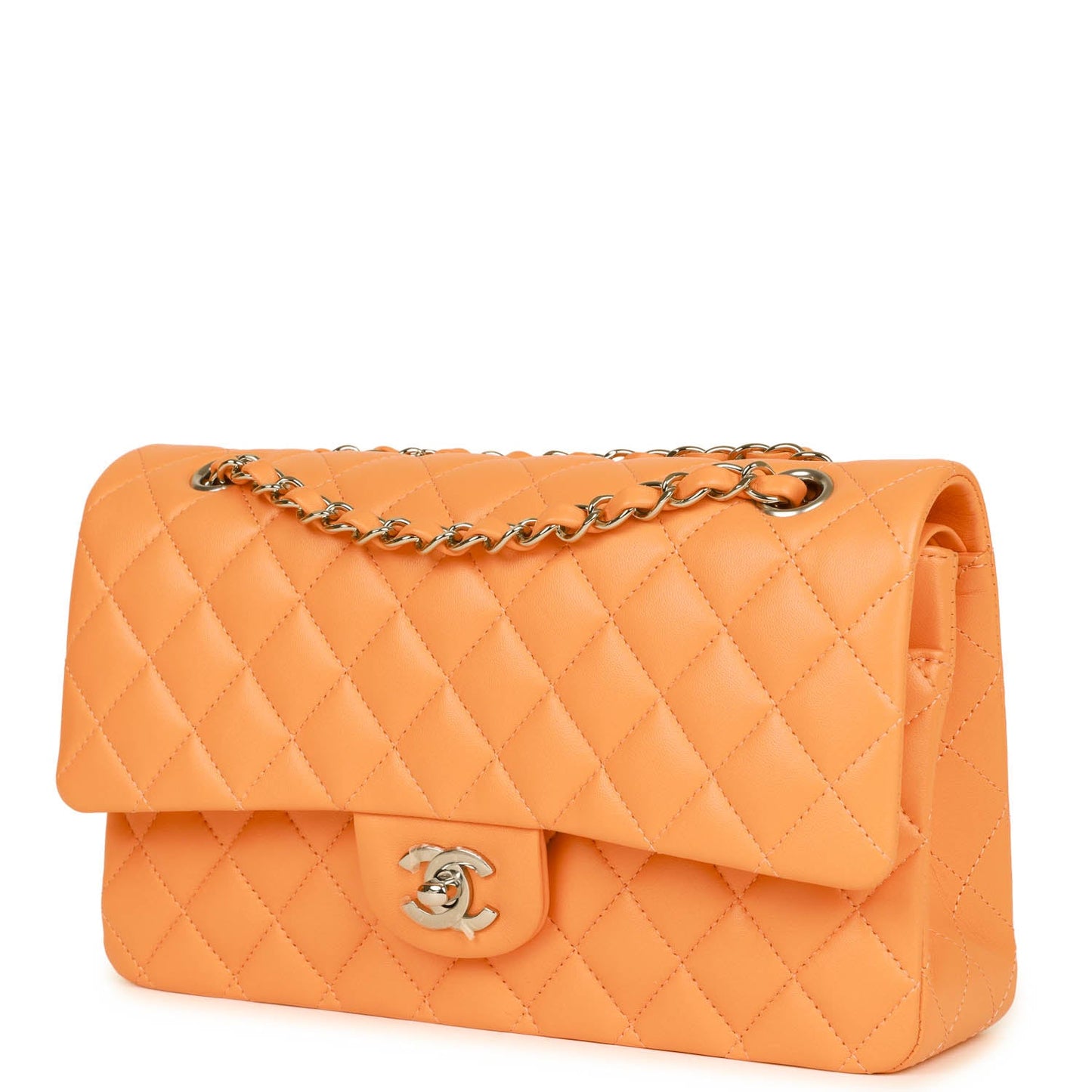 Chanel Medium Classic Double Flap Bag Neon Orange Lambskin Silver Hardware