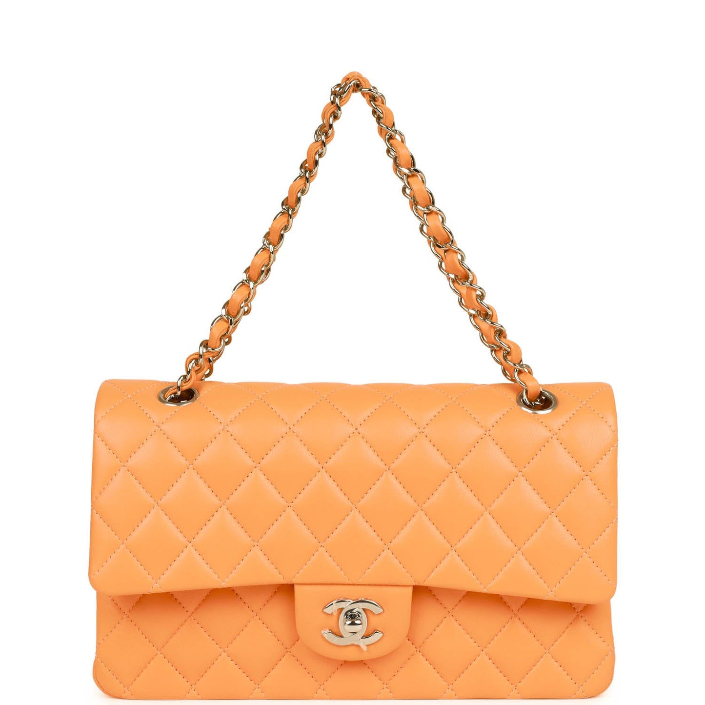 Chanel Medium Classic Double Flap Bag Neon Orange Lambskin Silver Hardware