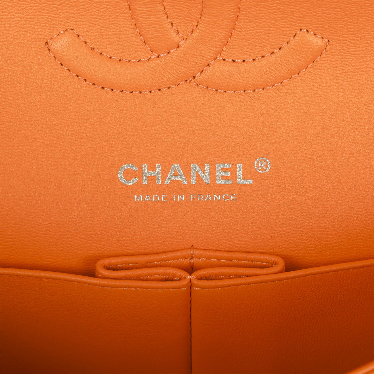 Chanel Medium Classic Double Flap Bag Neon Orange Lambskin Silver Hardware