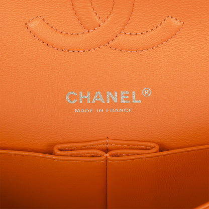 Chanel Medium Classic Double Flap Bag Neon Orange Lambskin Silver Hardware