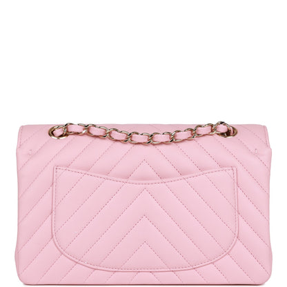 Chanel Small Chevron Classic Double Flap Pink Calfskin Light Gold Hardware