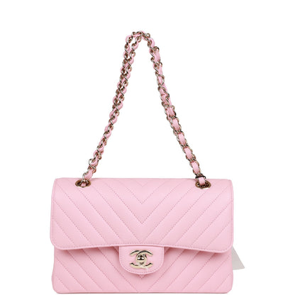 Chanel Small Chevron Classic Double Flap Pink Calfskin Light Gold Hardware