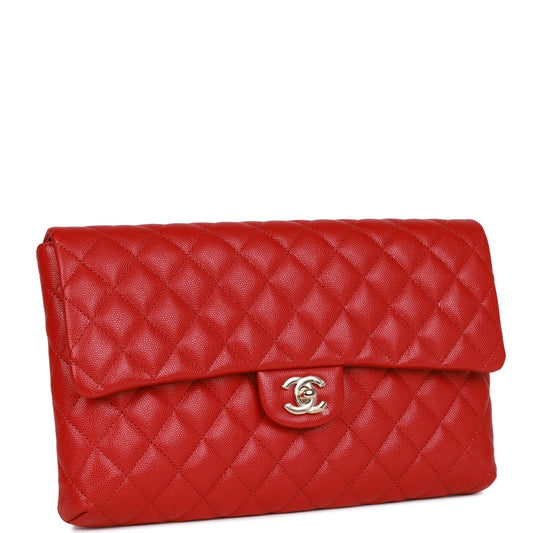 Chanel Flap Clutch Bag Red Caviar Light Gold Hardware