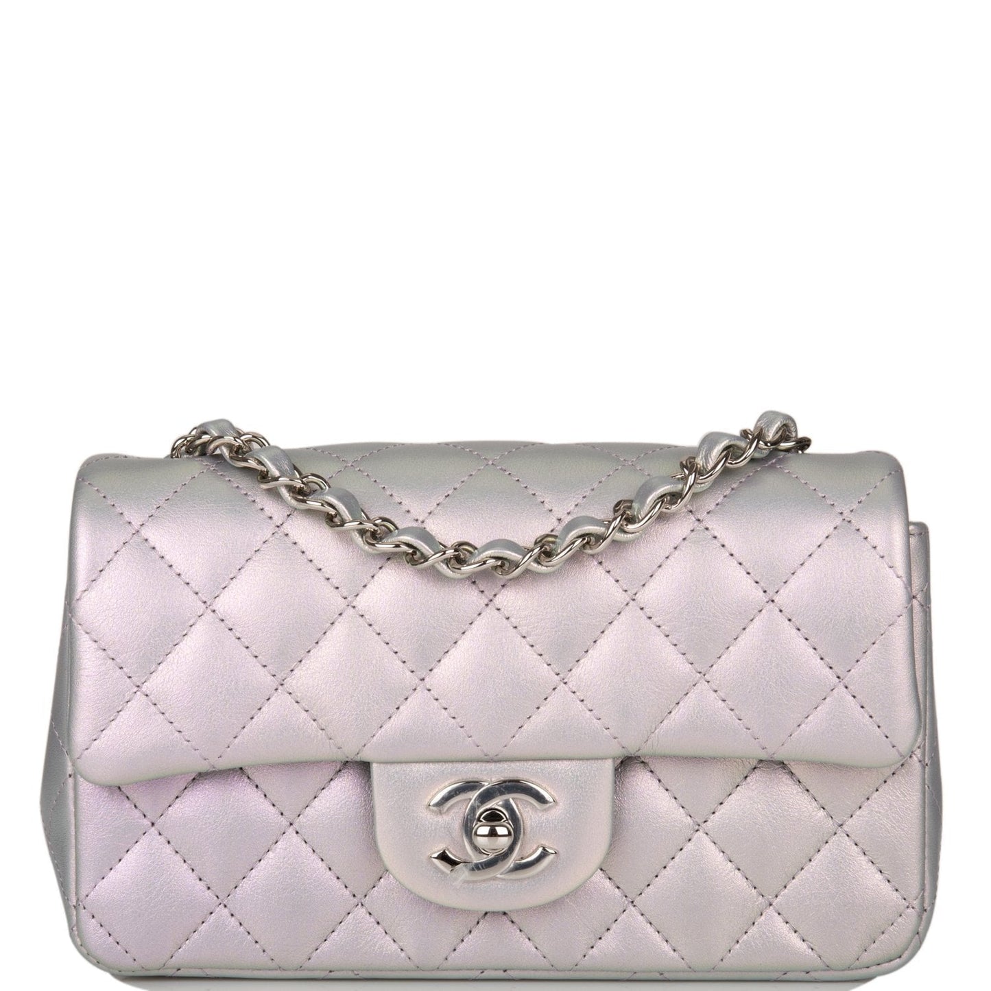 Chanel Mini Rectangular Flap Bag Purple Iridescent Quilted Lambskin Silver Hardware