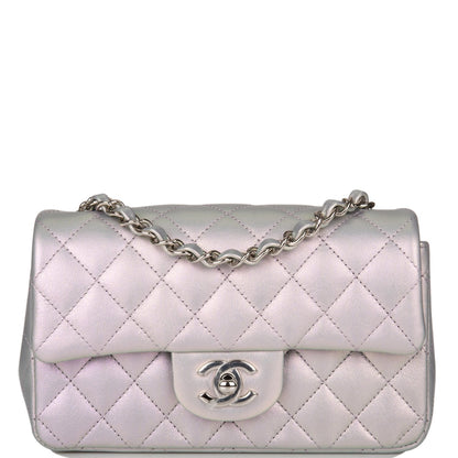 Chanel Mini Rectangular Flap Bag Purple Iridescent Quilted Lambskin Silver Hardware