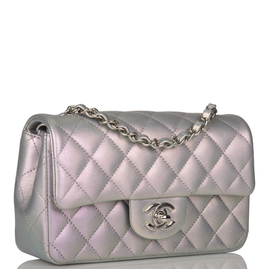 Chanel Mini Rectangular Flap Bag Purple Iridescent Quilted Lambskin Silver Hardware