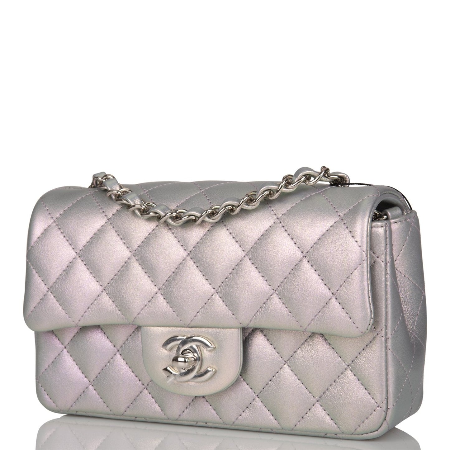Chanel Mini Rectangular Flap Bag Purple Iridescent Quilted Lambskin Silver Hardware