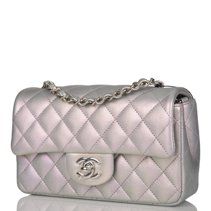 Chanel Mini Rectangular Flap Bag Purple Iridescent Quilted Lambskin Silver Hardware