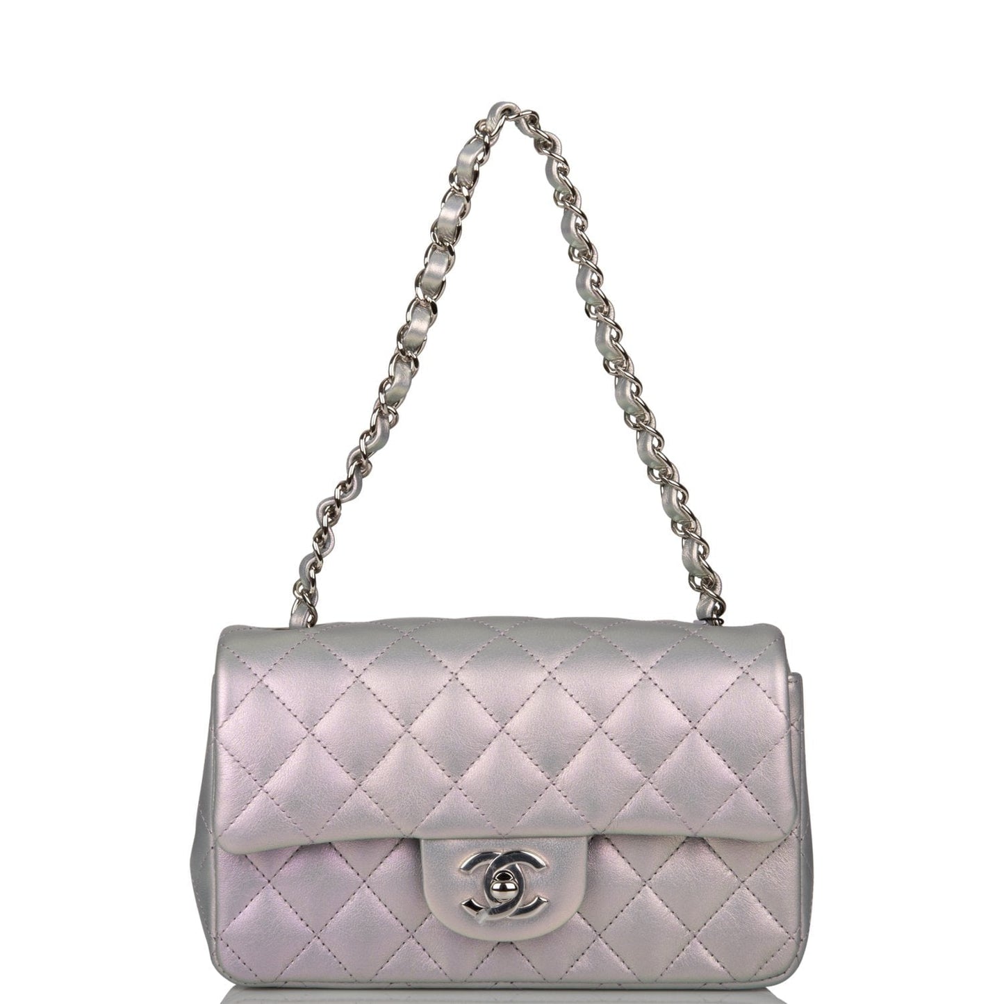 Chanel Mini Rectangular Flap Bag Purple Iridescent Quilted Lambskin Silver Hardware