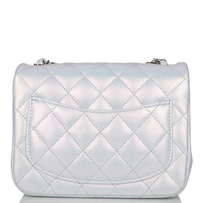 Chanel Mini Square Flap Bag Blue Iridescent Lambskin Silver Hardware