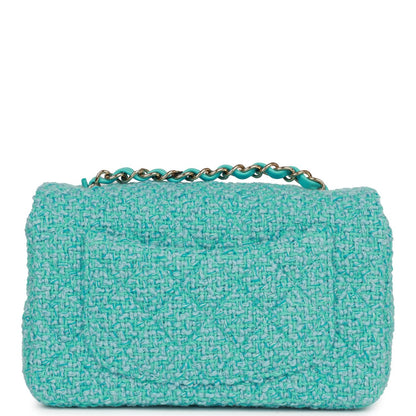 Chanel Mini Rectangular Flap Bag Blue Tweed Light Gold Hardware