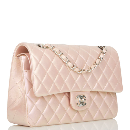 Chanel Medium Classic Double Flap Bag Pink Iridescent Lambskin Silver Hardware