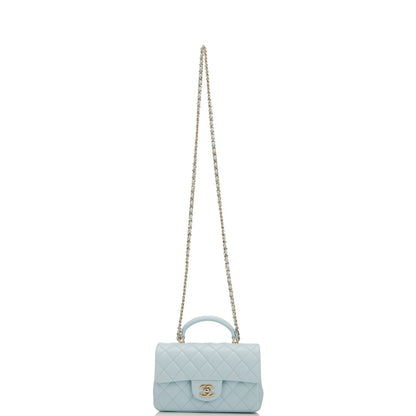 Chanel Mini Rectangular Flap with Top Handle Light Blue Lambskin Light Gold Hardware