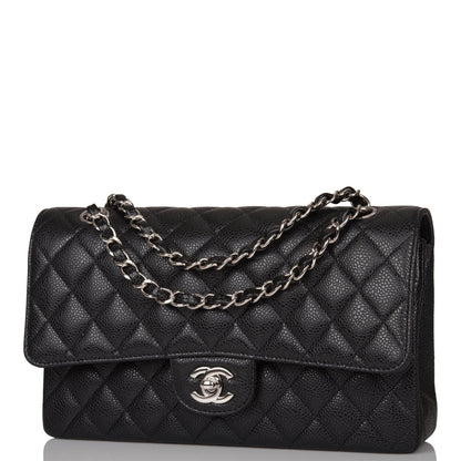 Chanel Black Quilted Caviar Medium Classic Double Flap Bag Silver Hardware