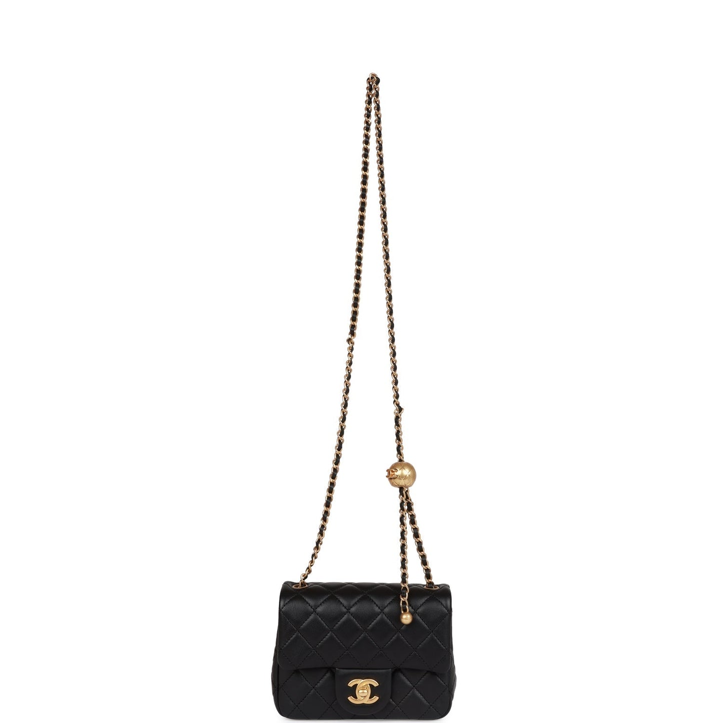 Chanel CC Pearl Crush Mini Square Flap Bag Black Lambskin Antique Gold Hardware