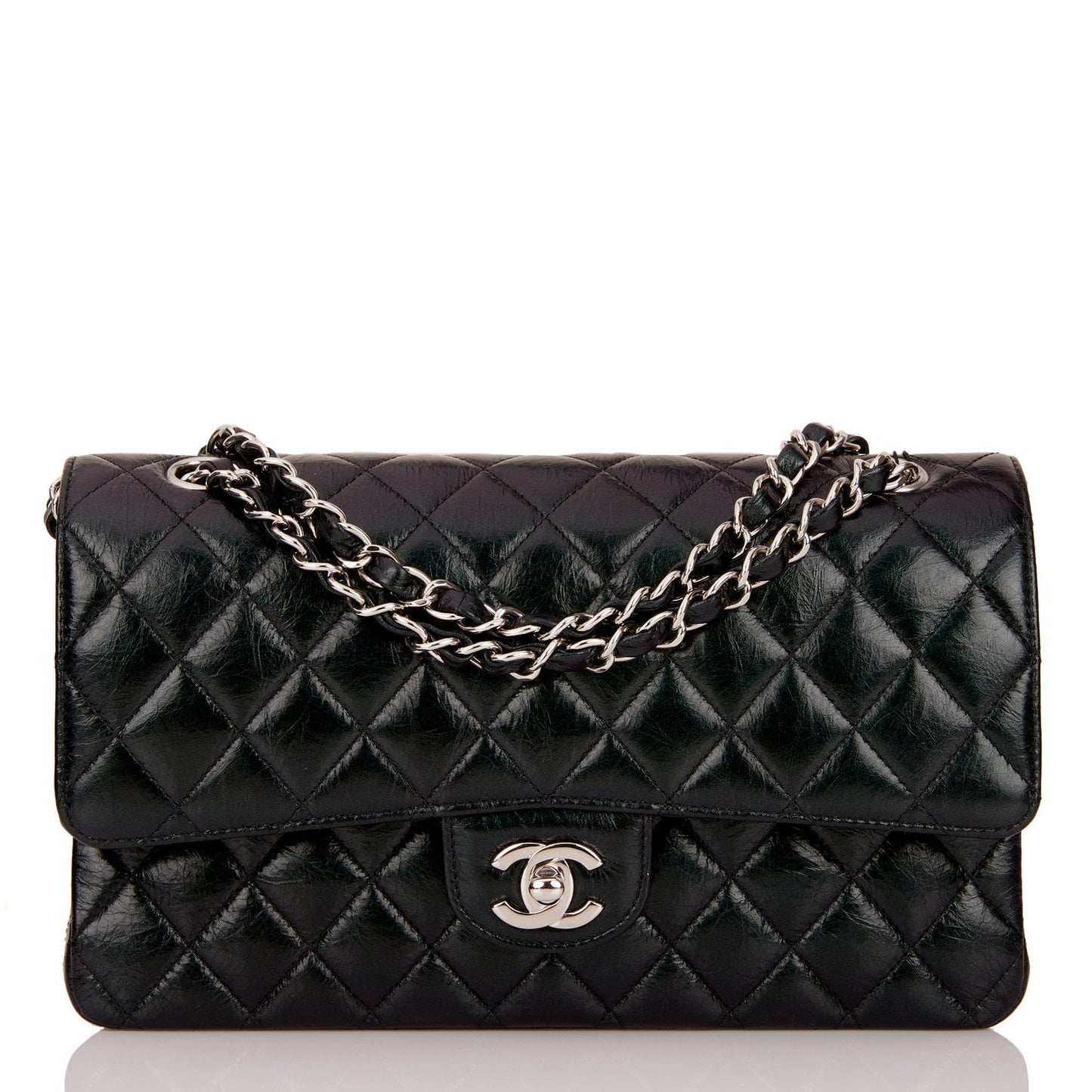 Chanel Medium Classic Double Flap Bag Black Iridescent Quilted Crumpled Calfskin Silver Hardware
