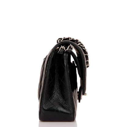Chanel Medium Classic Double Flap Bag Black Iridescent Quilted Crumpled Calfskin Silver Hardware