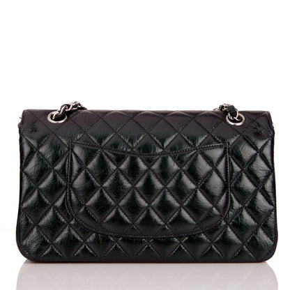 Chanel Medium Classic Double Flap Bag Black Iridescent Quilted Crumpled Calfskin Silver Hardware