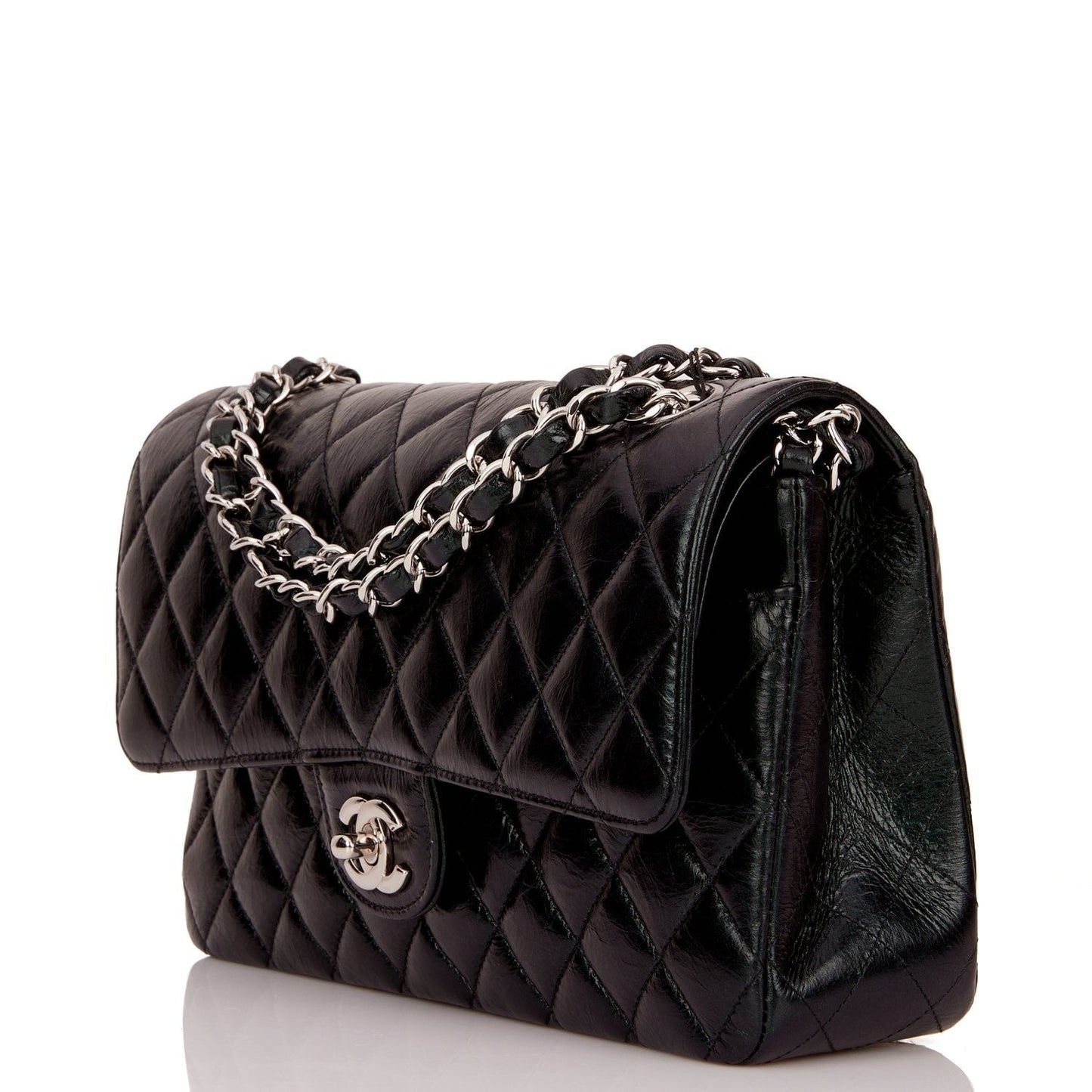 Chanel Medium Classic Double Flap Bag Black Iridescent Quilted Crumpled Calfskin Silver Hardware