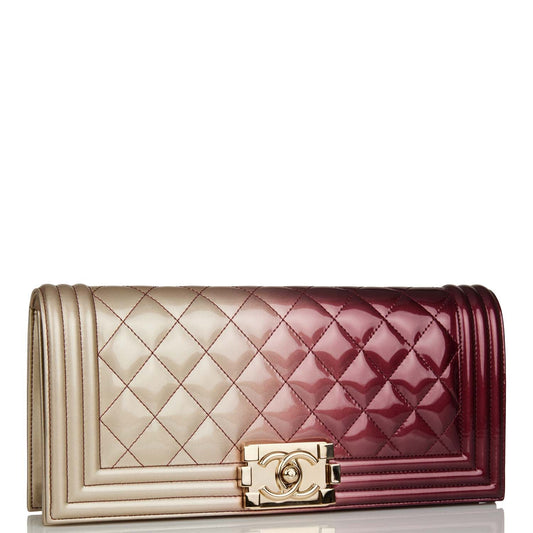 Chanel Boy Bag Clutch Beige and Pink Ombre Patent Gold Hardware