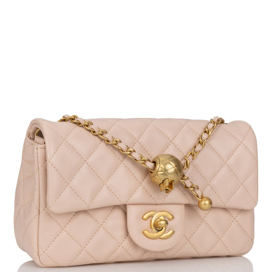 Chanel Pearl Crush Mini Rectangular Flap Bag Light Beige Lambskin Antique Gold Hardware