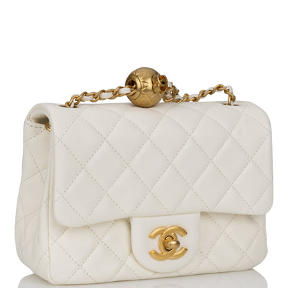 Chanel Pearl Crush Mini Square Flap Bag White Lambskin Antique Gold Hardware