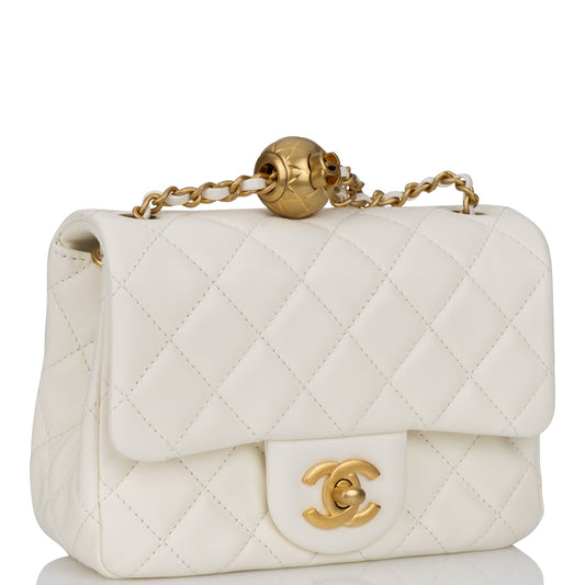 Chanel Pearl Crush Mini Square Flap Bag White Lambskin Antique Gold Hardware
