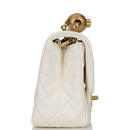 Chanel Pearl Crush Mini Square Flap Bag White Lambskin Antique Gold Hardware