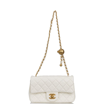Chanel Pearl Crush Mini Rectangular Flap Bag White Lambskin Antique Gold Hardware