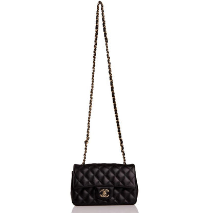 Chanel Mini Rectangular Flap Bag Black Lambskin Light Gold Hardware