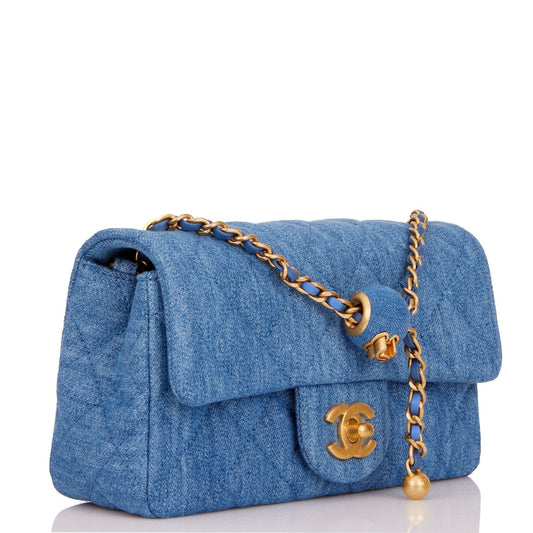Chanel Pearl Crush Mini Rectangular Flap Bag Denim Antique Gold Hardware