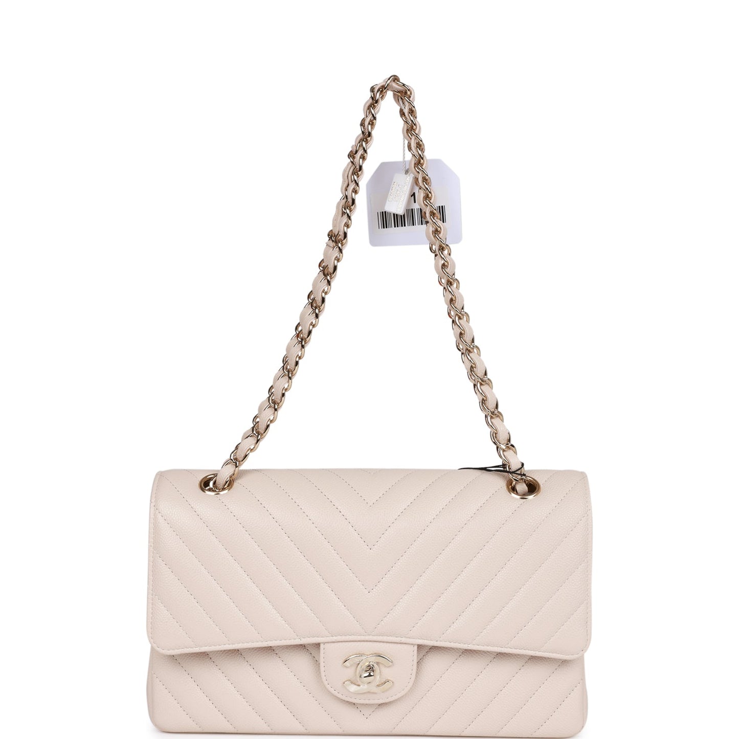 Chanel Medium Classic Double Flap Bag Beige Chevron Caviar Light Gold Hardware