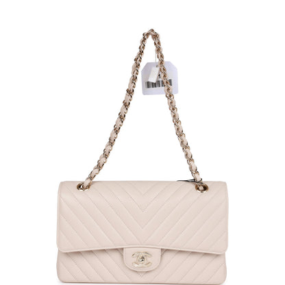 Chanel Medium Classic Double Flap Bag Beige Chevron Caviar Light Gold Hardware