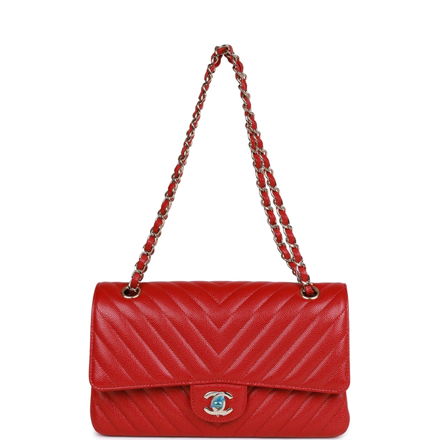 Chanel Medium Classic Double Flap Bag Red Chevron Caviar Light Gold Hardware