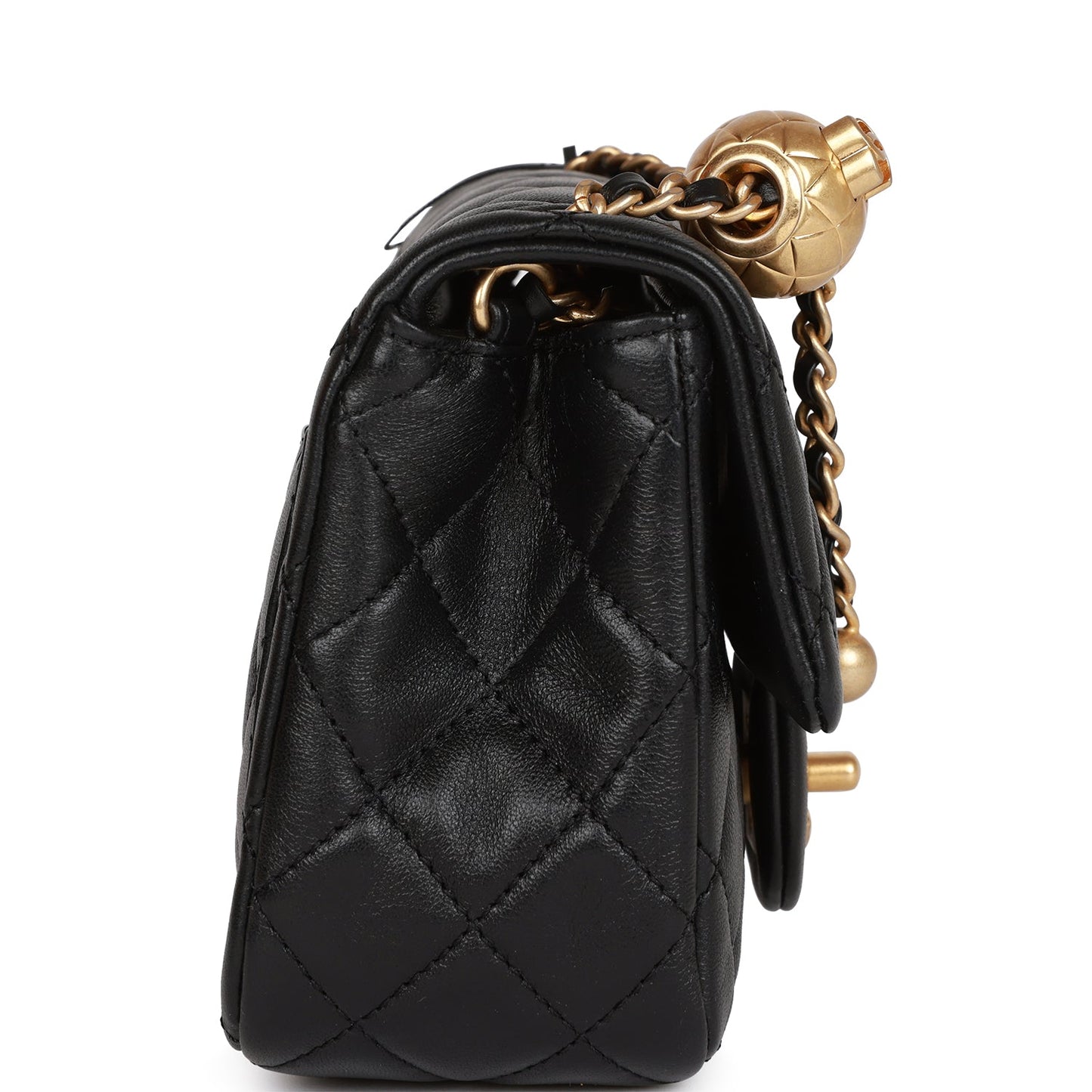 Chanel Pearl Crush Mini Square Flap Bag Black Lambskin Antique Gold Hardware
