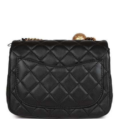 Chanel Pearl Crush Mini Square Flap Bag Black Lambskin Antique Gold Hardware