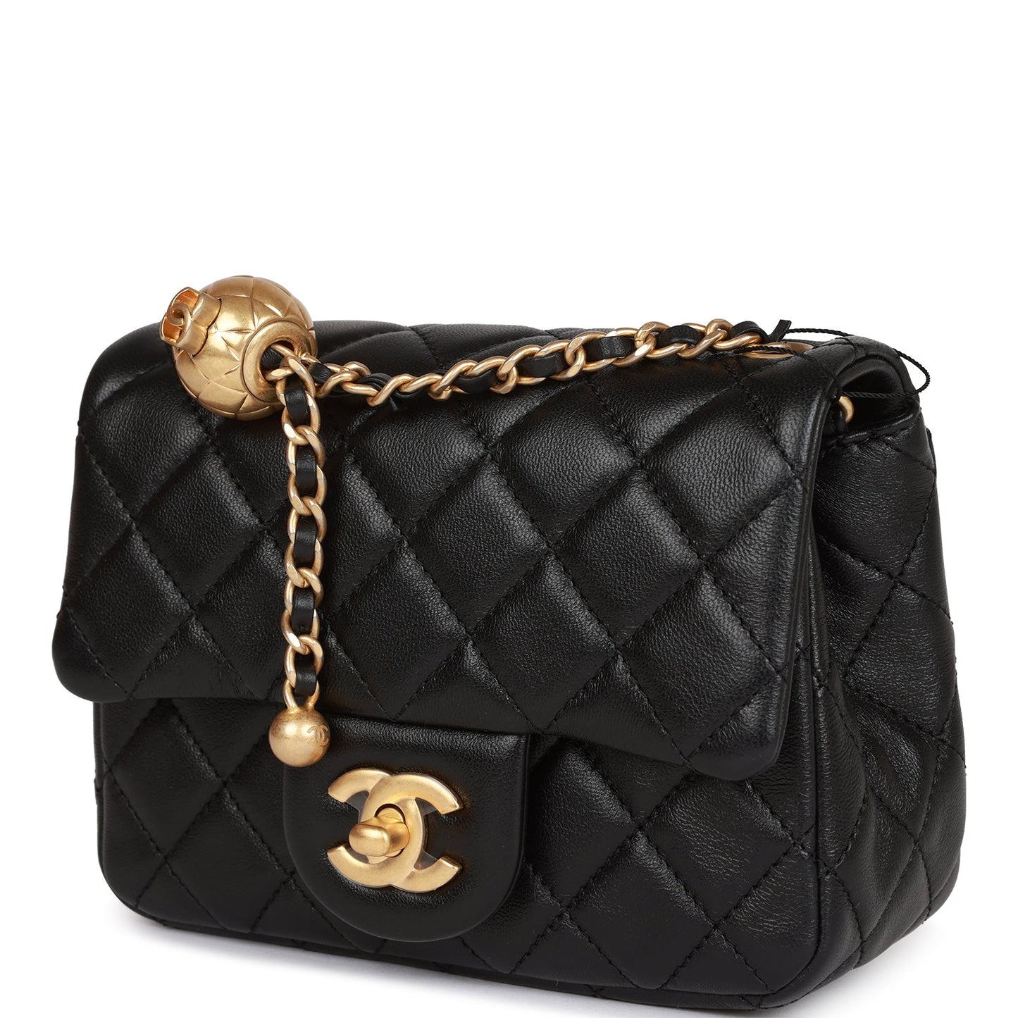 Chanel Pearl Crush Mini Square Flap Bag Black Lambskin Antique Gold Hardware