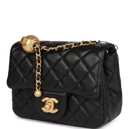 Chanel Pearl Crush Mini Square Flap Bag Black Lambskin Antique Gold Hardware