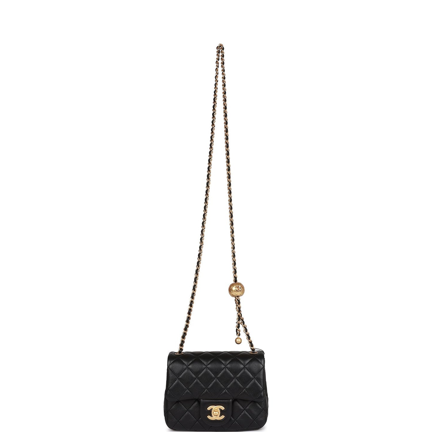 Chanel Pearl Crush Mini Square Flap Bag Black Lambskin Antique Gold Hardware