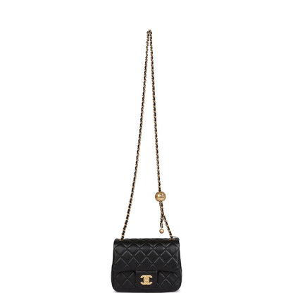 Chanel Pearl Crush Mini Square Flap Bag Black Lambskin Antique Gold Hardware