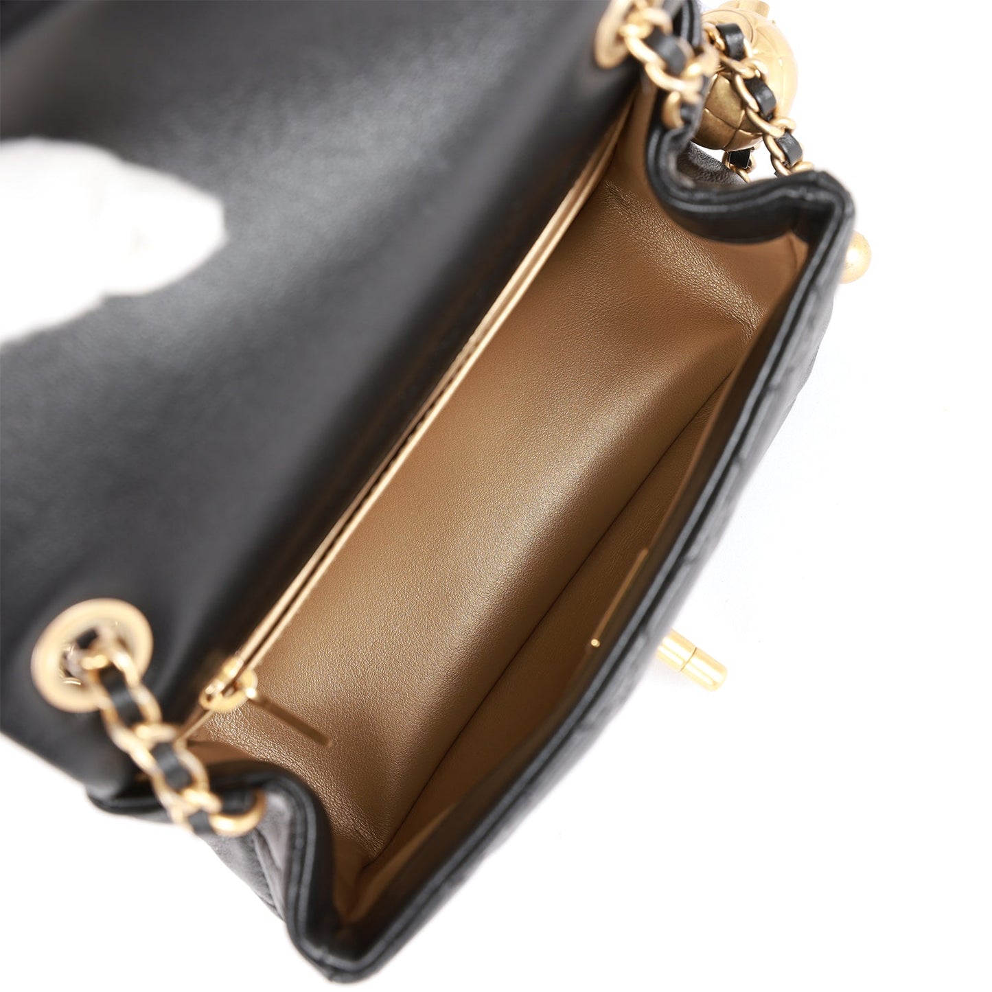 Chanel Pearl Crush Mini Square Flap Bag Black Lambskin Antique Gold Hardware