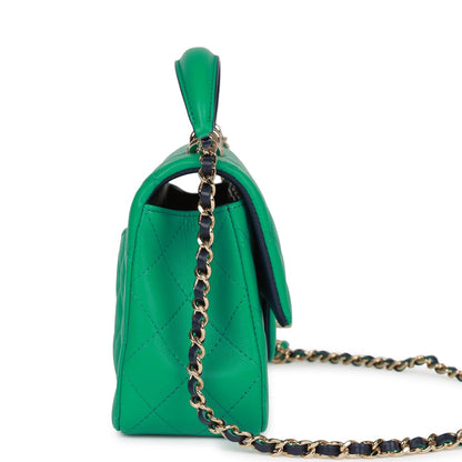 Chanel Mini Rectangular Flap with Top Handle Green and Navy Blue Lambskin Light Gold Hardware