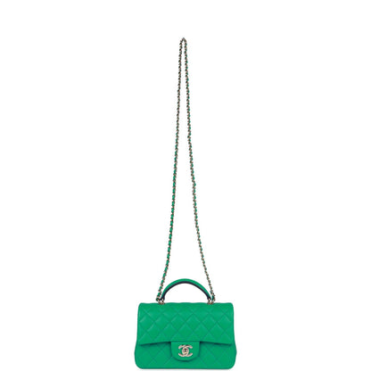 Chanel Mini Rectangular Flap with Top Handle Green and Navy Blue Lambskin Light Gold Hardware